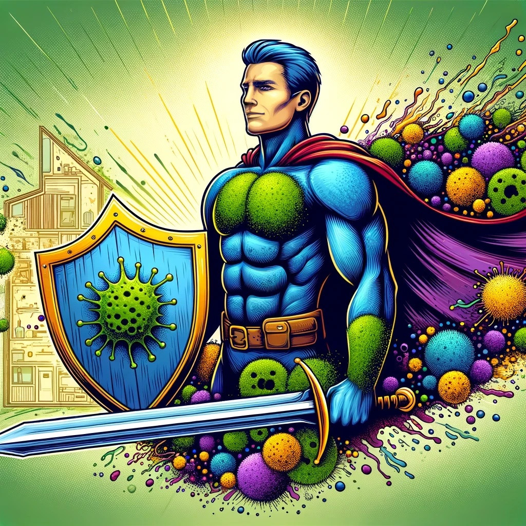 Image from bottle graphic: A superhero with a cape, sword and shield. The shield has a centralized big green mold spore on it.